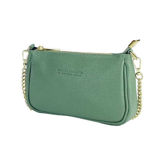 RB1022BF | Small bag in genuine leather Made in Italy with removable chain shoulder strap. Zipper closure and shiny gold metal accessories - Mint color - Dimensions: 20 x 12 x 6 cm-0