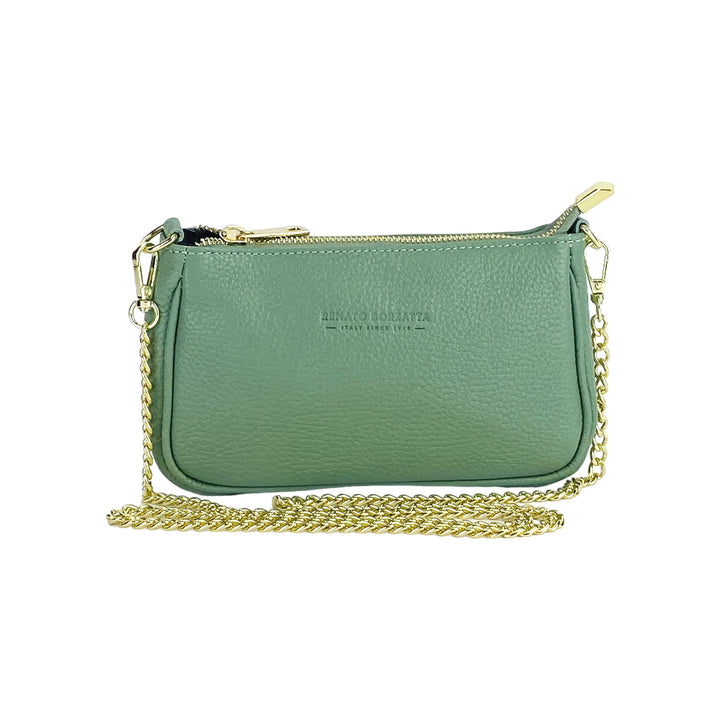RB1022BF | Small bag in genuine leather Made in Italy with removable chain shoulder strap. Zipper closure and shiny gold metal accessories - Mint color - Dimensions: 20 x 12 x 6 cm-1