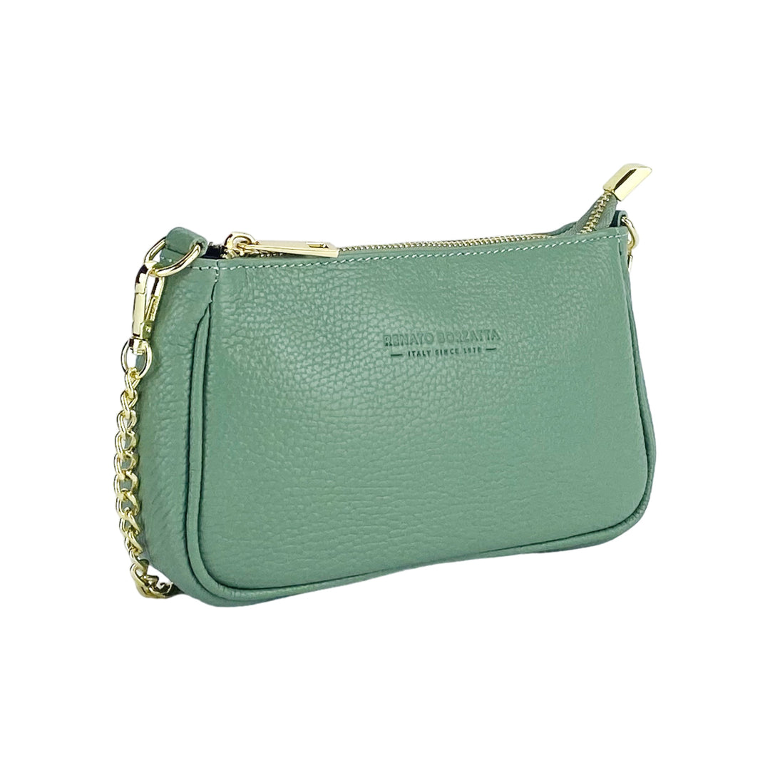 RB1022BF | Small bag in genuine leather Made in Italy with removable chain shoulder strap. Zipper closure and shiny gold metal accessories - Mint color - Dimensions: 20 x 12 x 6 cm-2