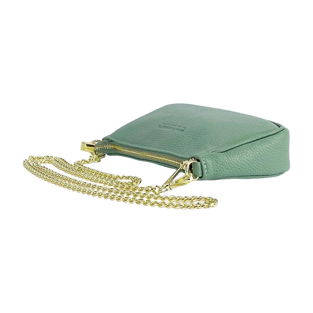 RB1022BF | Small bag in genuine leather Made in Italy with removable chain shoulder strap. Zipper closure and shiny gold metal accessories - Mint color - Dimensions: 20 x 12 x 6 cm-3