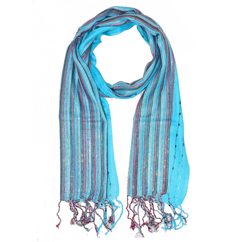 Turquoise Cotton Lurex Shimmering Stripes Scarf - Scarvesnthangs
