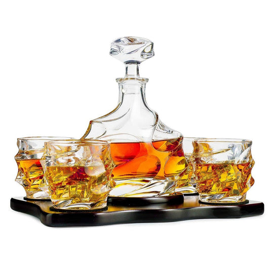 The Wine Savant Wine and Whiskey Mountain Decanter with 4 Glasses and Wood Tray 750 ML-0