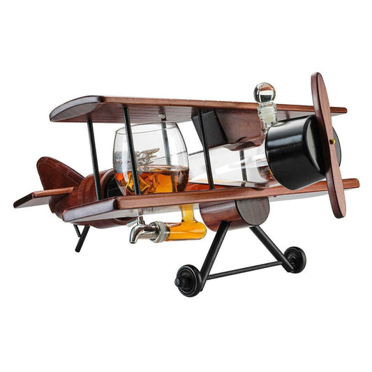 Whiskey & Wine Decanter Airplane Set and Glasses Antique Wood Airplane - The Wine Savant Whiskey Gift Set and 2 Airplane Glasses, Pilot Gift Moving Parts- Alcohol Related Gift, BAR DECOR Large 21"-0