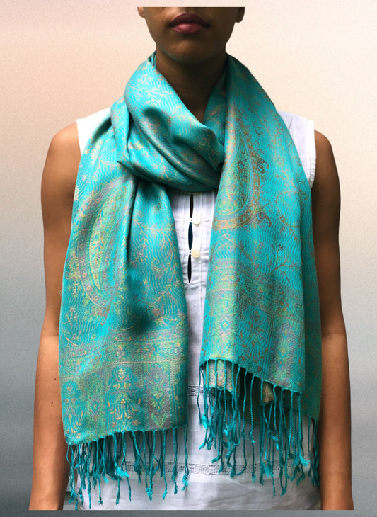 Turquoise jamawar pashmina scarf-0