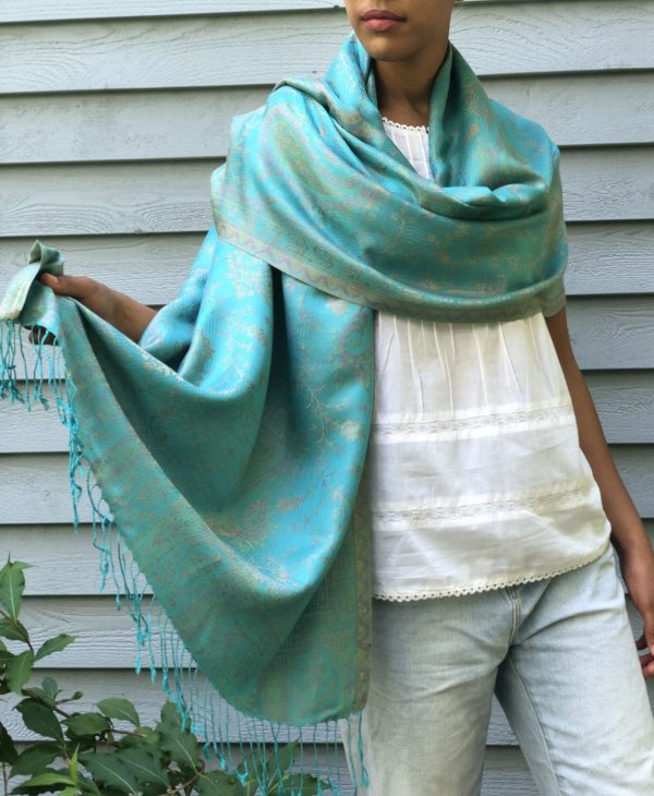 Turquoise jamawar pashmina scarf-2
