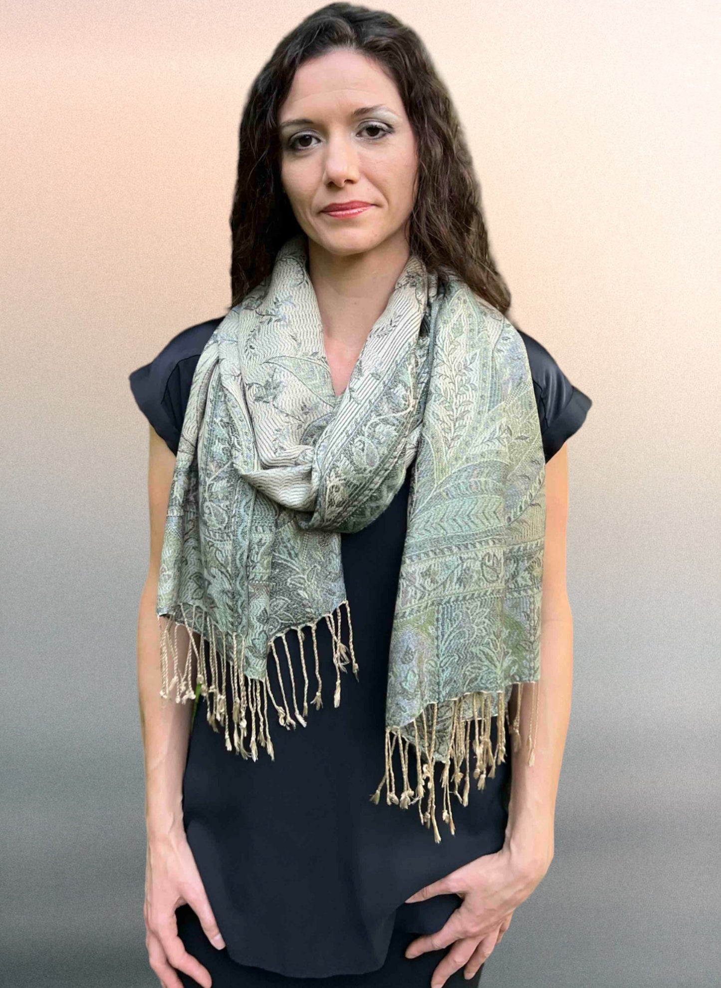 Sage Modal Jamawar Pashmina Scarf-2