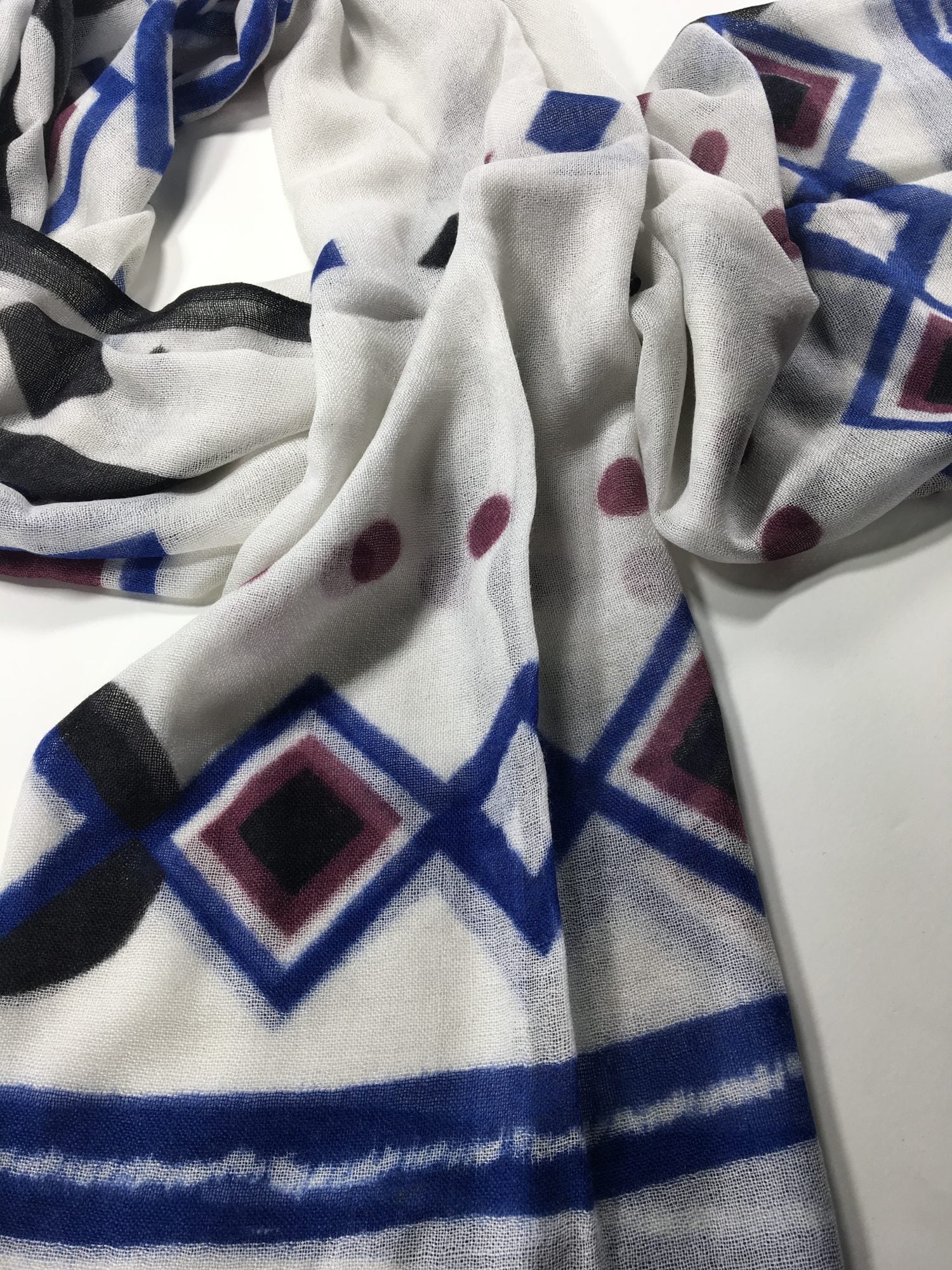 Blue Hand Painted Wool Print Scarf-0