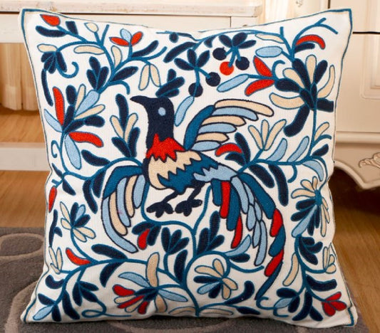 Blue Orange Tan White Bird Design Embroidered Canvas Pillow Covers 17.7 x 17.7 "