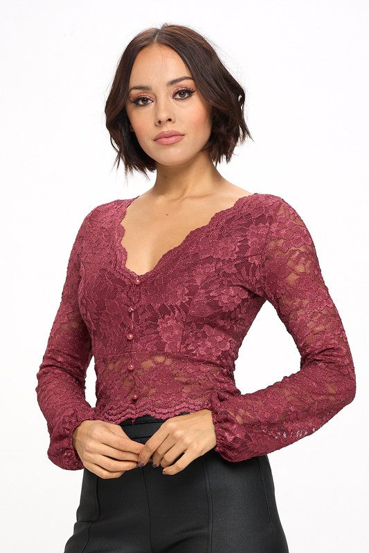 Chocolate USA Lace Scalloped V-Neck Elastic Cuff Top - Scarvesnthangs