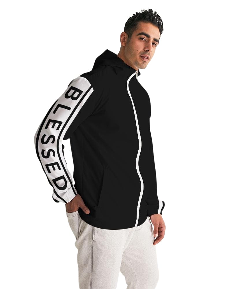 Mens Hooded Windbreaker - Blessed Sleeve Stripe Black Water Resistant Jacket - J7NP0X - Scarvesnthangs