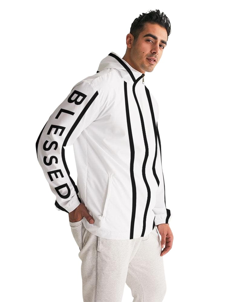 Mens Hooded Windbreaker - Blessed Sleeve Stripe White Water Resistant Jacket - J7TM0X - Scarvesnthangs