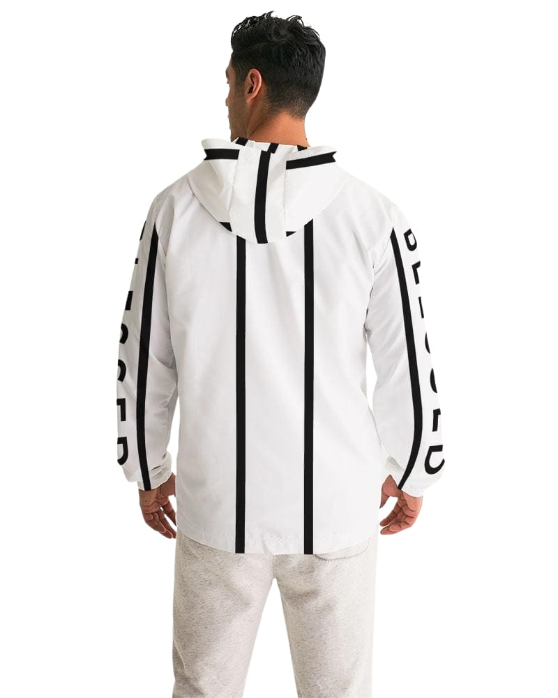 Mens Hooded Windbreaker - Blessed Sleeve Stripe White Water Resistant Jacket - J7TM0X - Scarvesnthangs