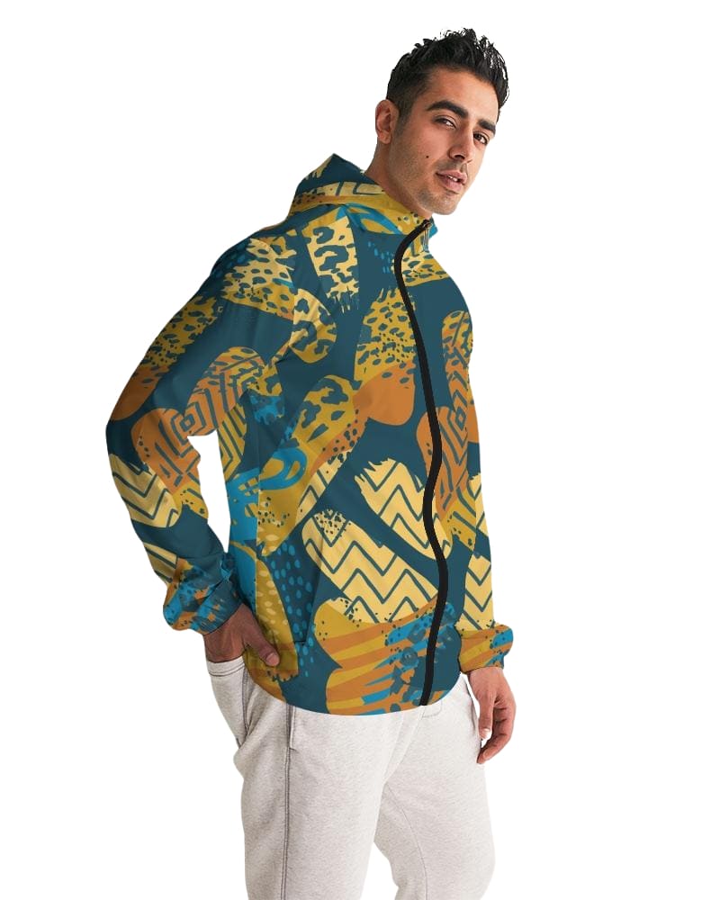 Men's Windbreaker, Blue Geometric Style Men's Hooded Jacket - Scarvesnthangs