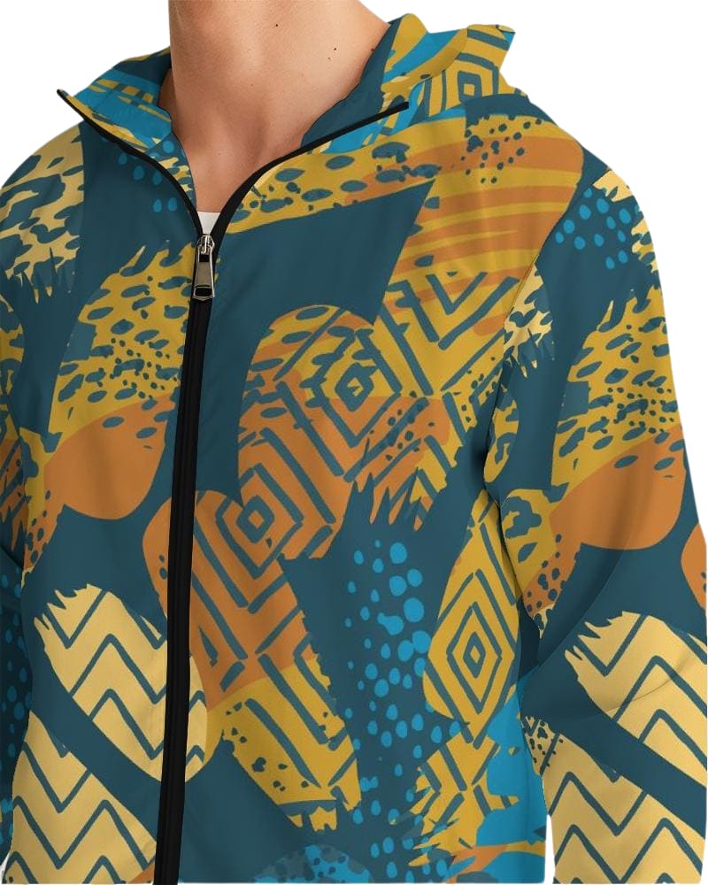 Men's Windbreaker, Blue Geometric Style Men's Hooded Jacket - Scarvesnthangs