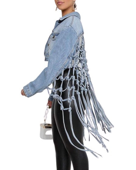 Loose Fringe Grid Tassel Back Denim Crop Jacket - Scarvesnthangs