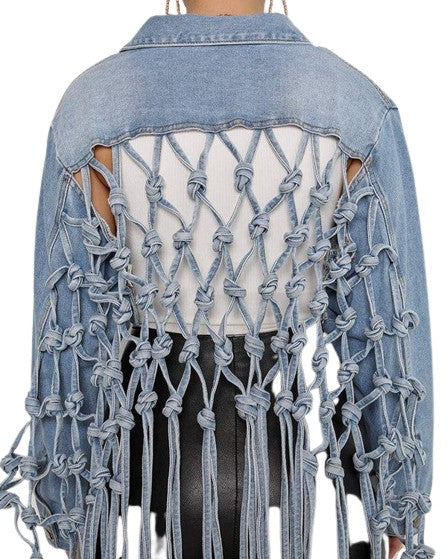 Loose Fringe Grid Tassel Back Denim Crop Jacket - Scarvesnthangs