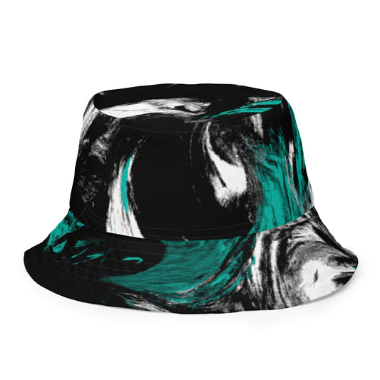 Reversible Bucket Hat, Black Green White Abstract Pattern-0