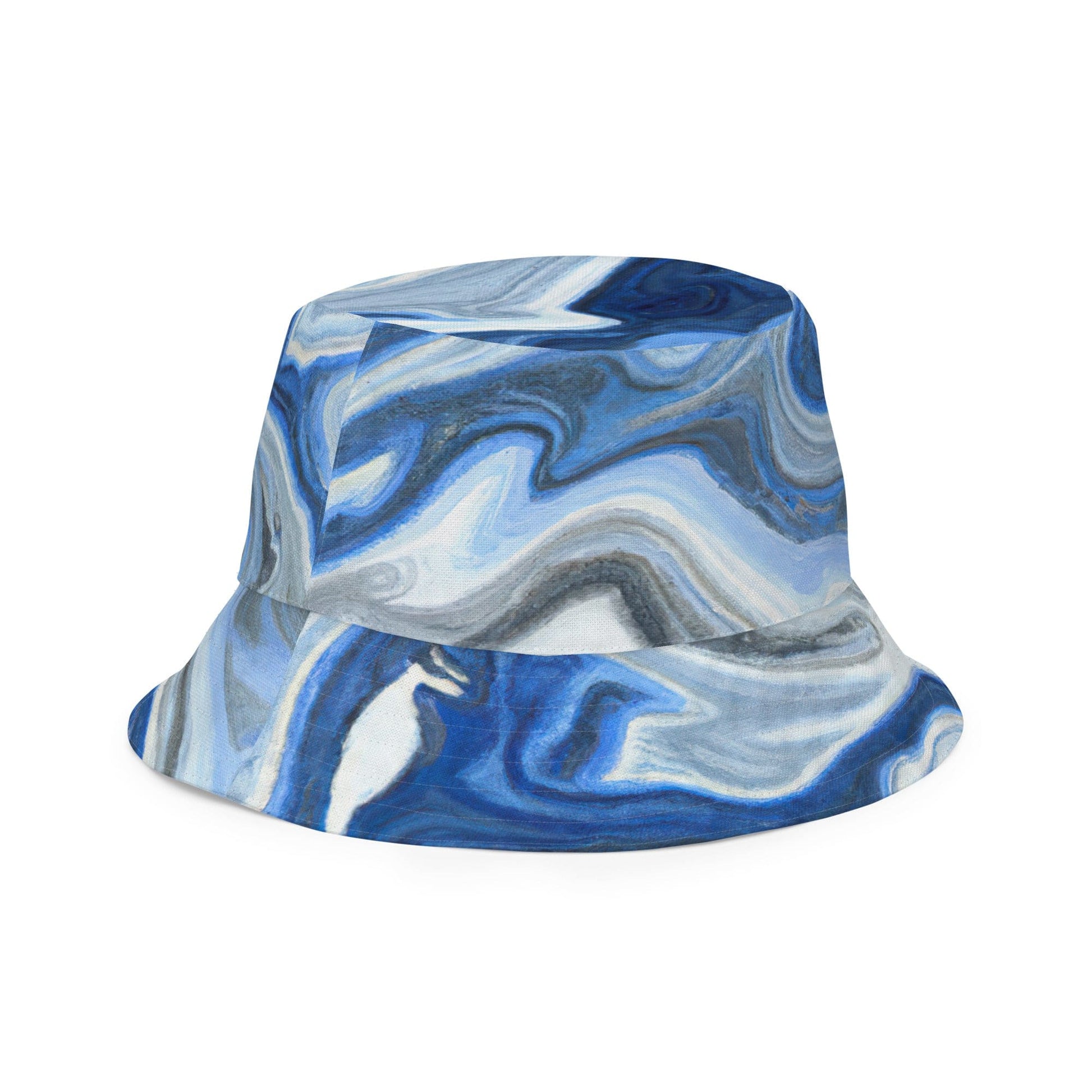 Reversible Bucket Hat, Blue White Grey Marble Pattern-1