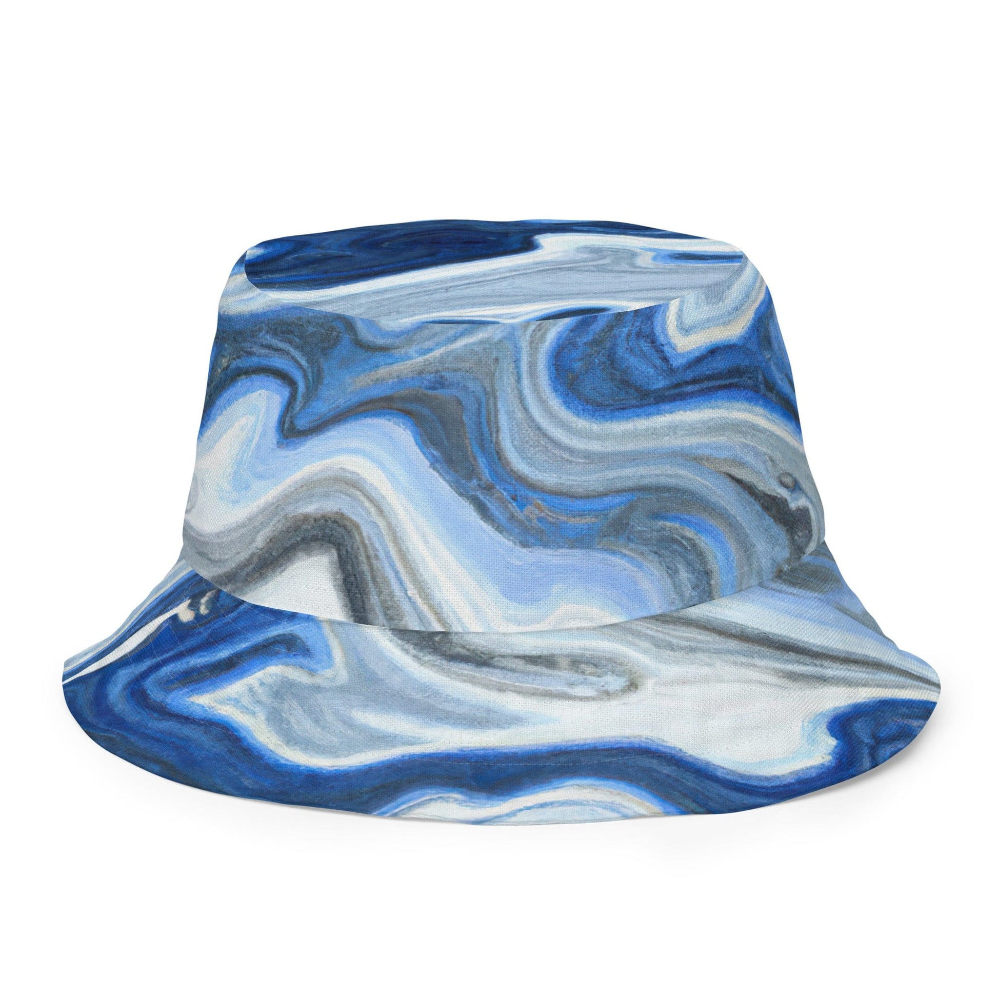 Reversible Bucket Hat, Blue White Grey Marble Pattern-3