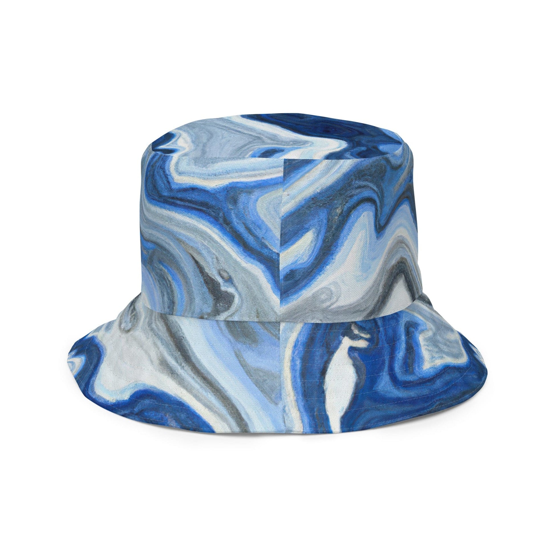 Reversible Bucket Hat, Blue White Grey Marble Pattern-6