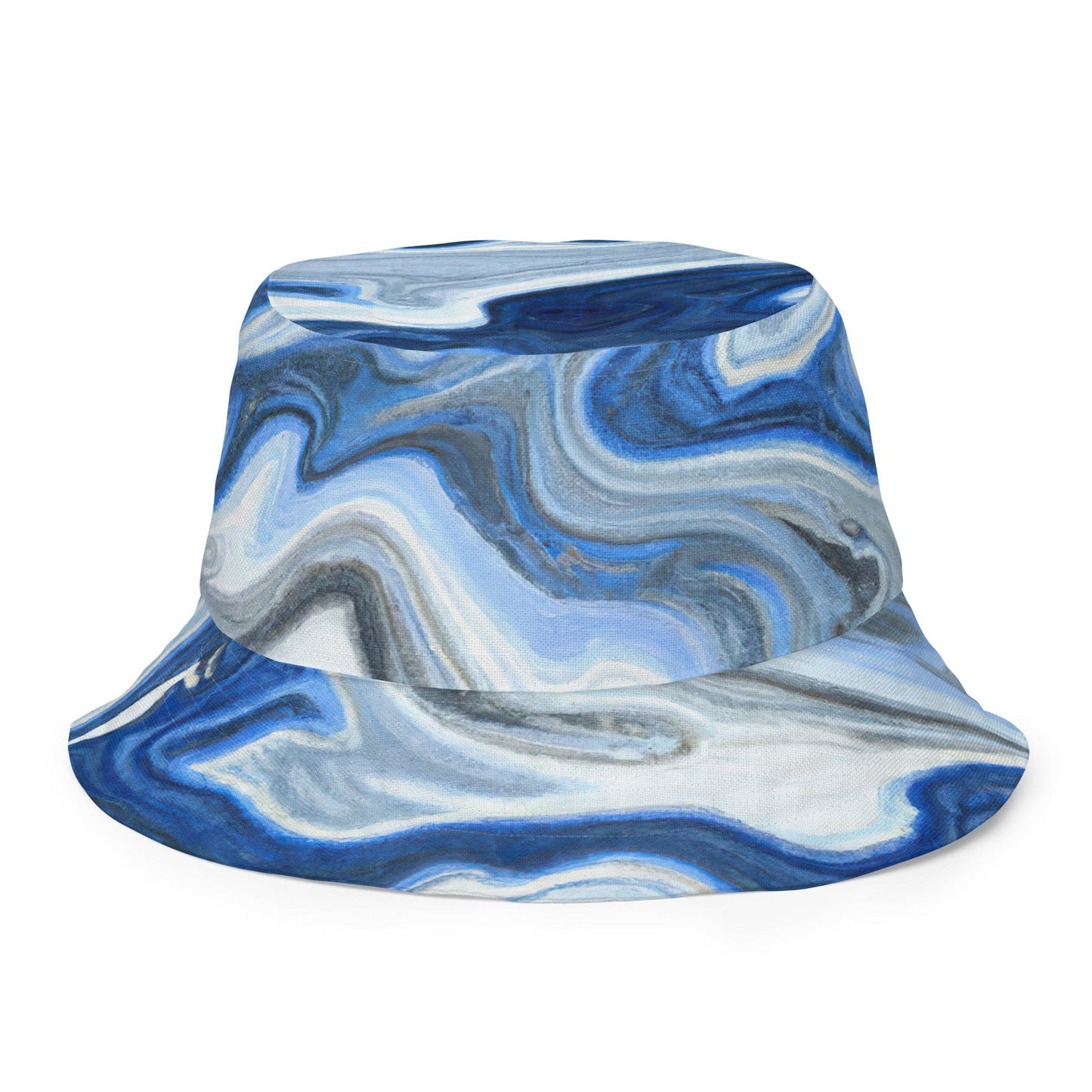 Reversible Bucket Hat, Blue White Grey Marble Pattern-4