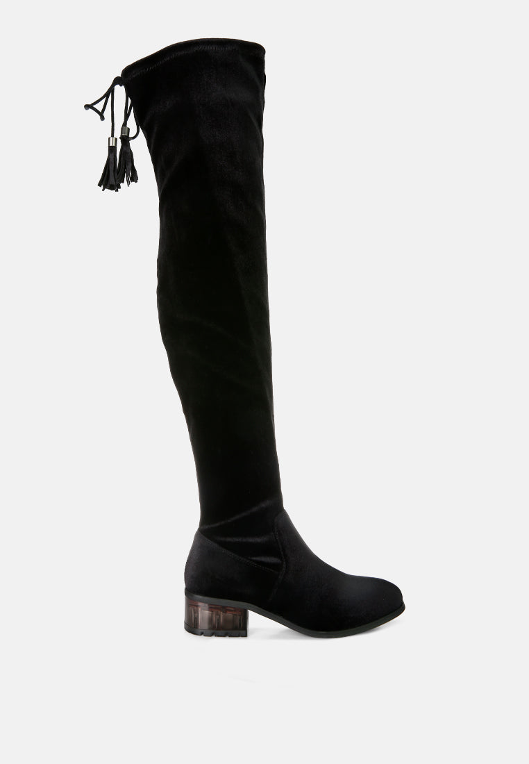 rumple velvet over the knee clear heel boots-5