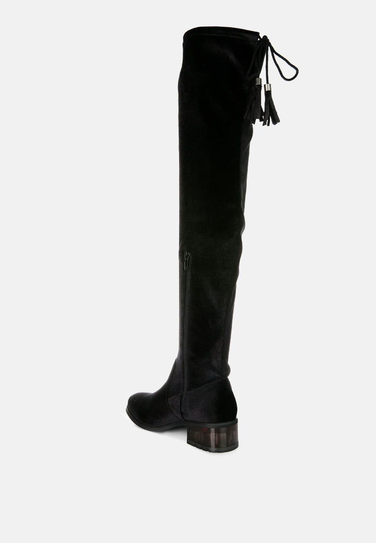 rumple velvet over the knee clear heel boots-7