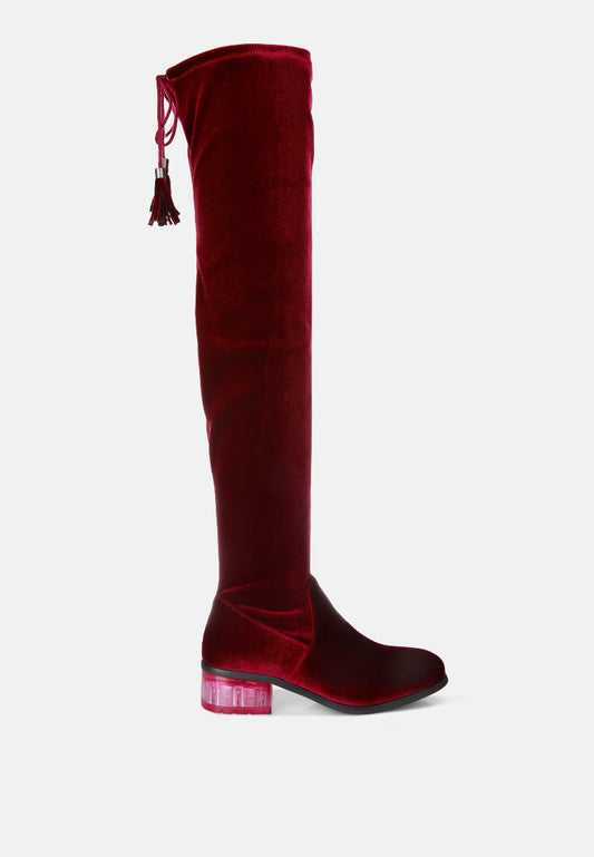 rumple velvet over the knee clear heel boots-0