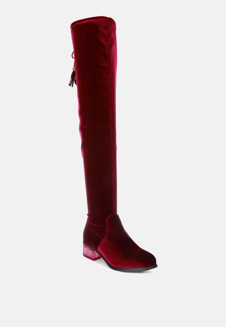 rumple velvet over the knee clear heel boots-1