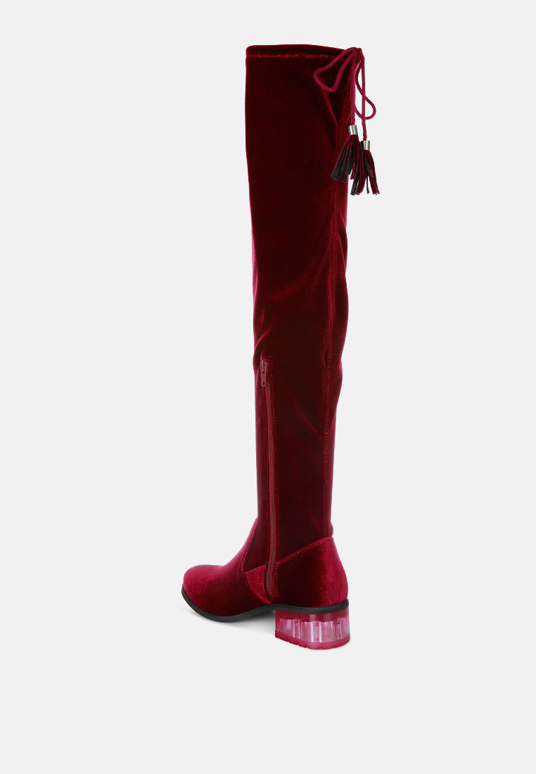 rumple velvet over the knee clear heel boots-2