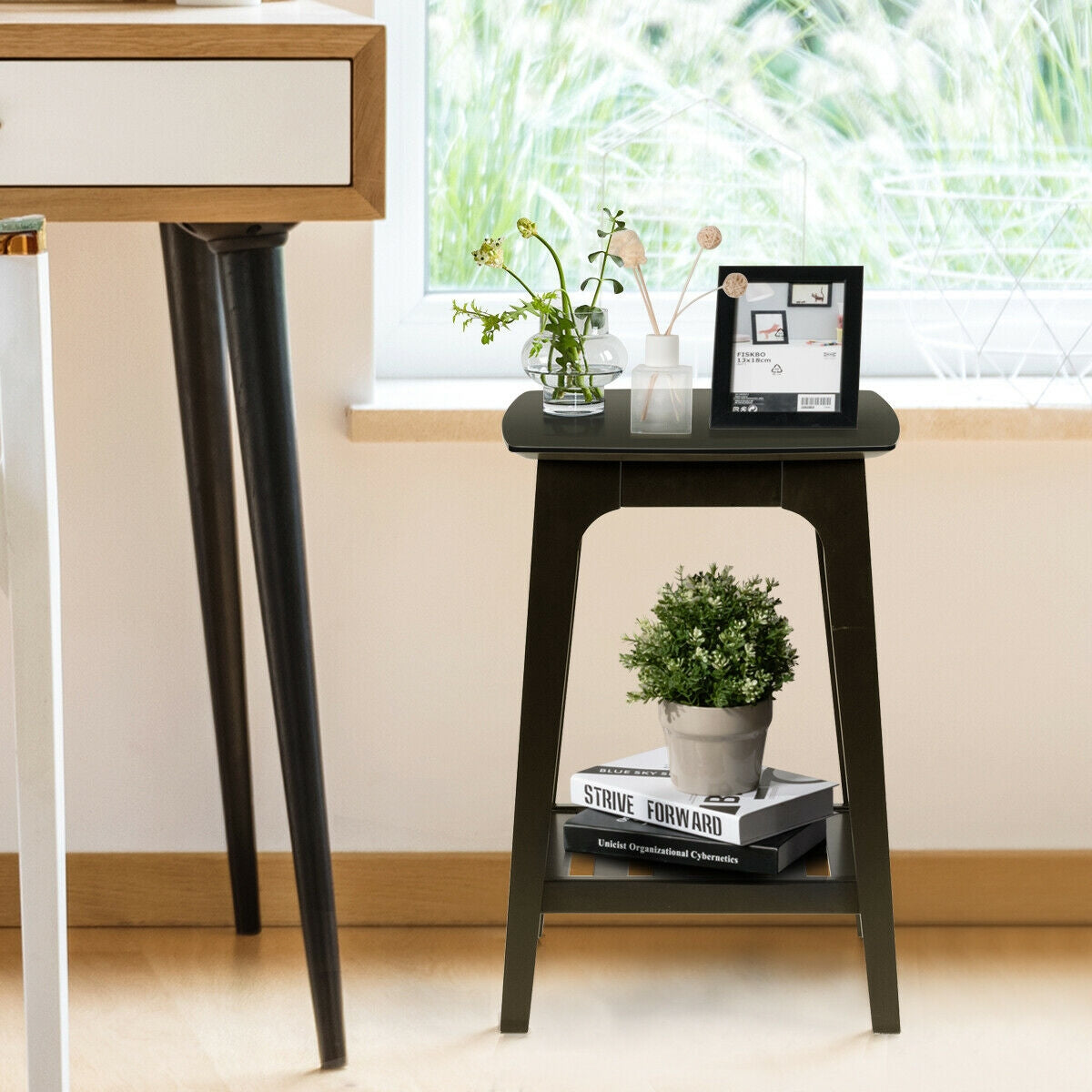 Set of 2 Side End Tables with Lower Storage Shelf-Black - Scarvesnthangs