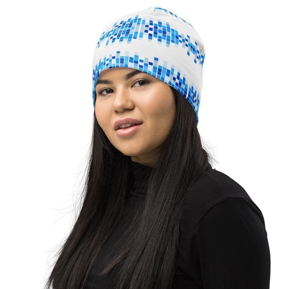 Beanie Hat - Blue & White Square Style Slouchy Beanie Men/women-3