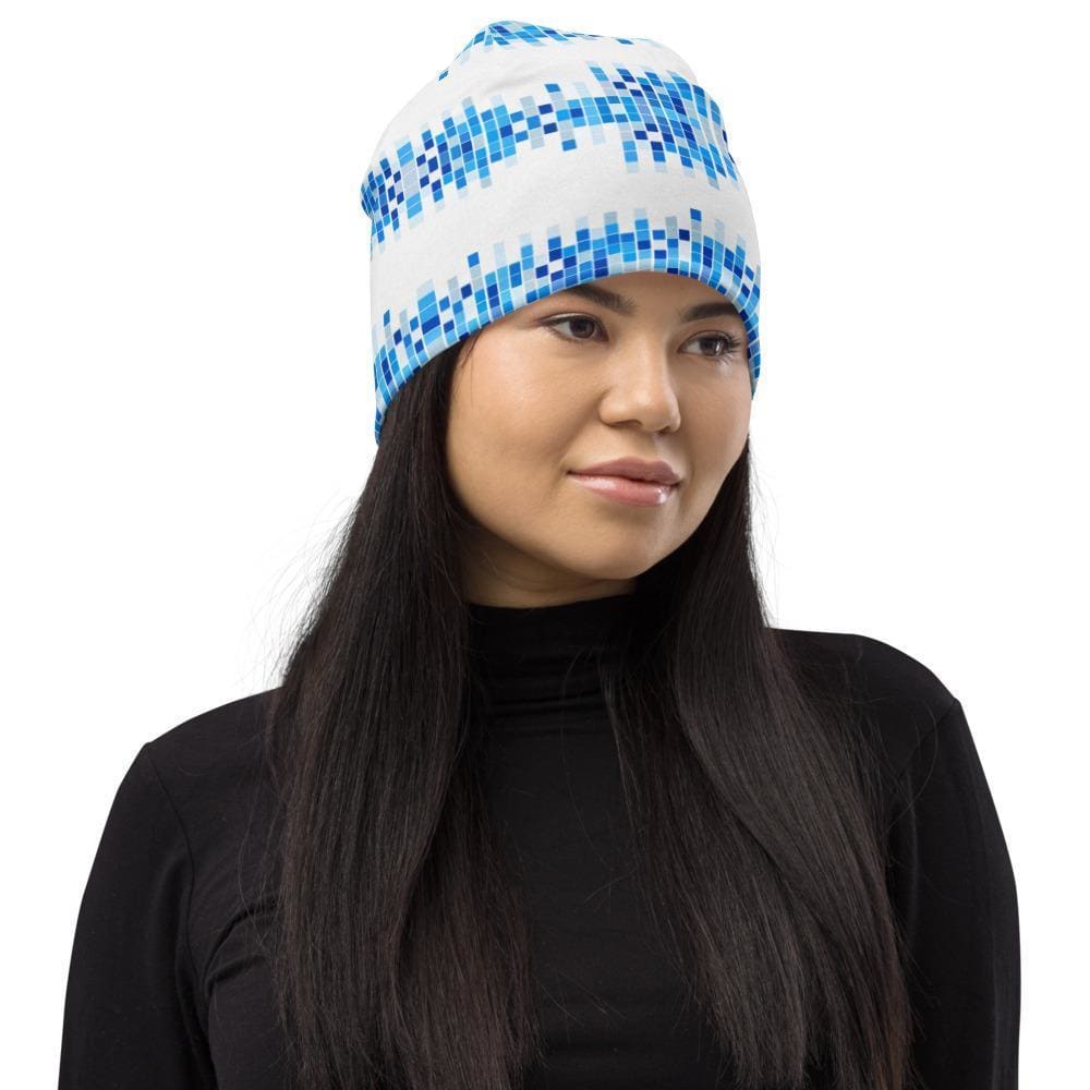 Beanie Hat - Blue & White Square Style Slouchy Beanie Men/women-2