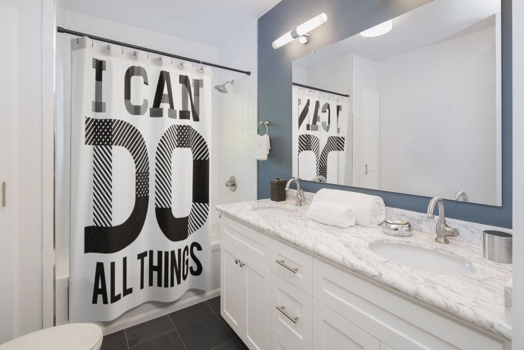 Fabric Shower Curtain, Black and White  I Can Do All Things Print - S9883 - Scarvesnthangs