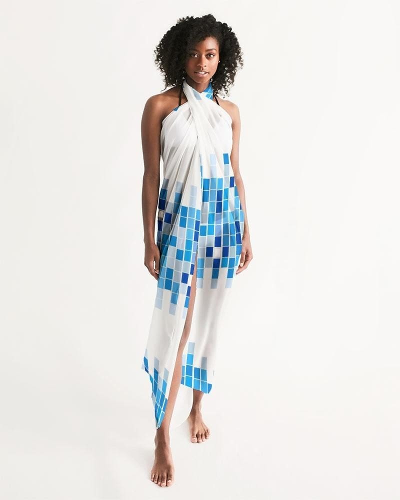 Sheer Mosaic Square White and Blue Swimsuit Cover Up - Scarvesnthangs