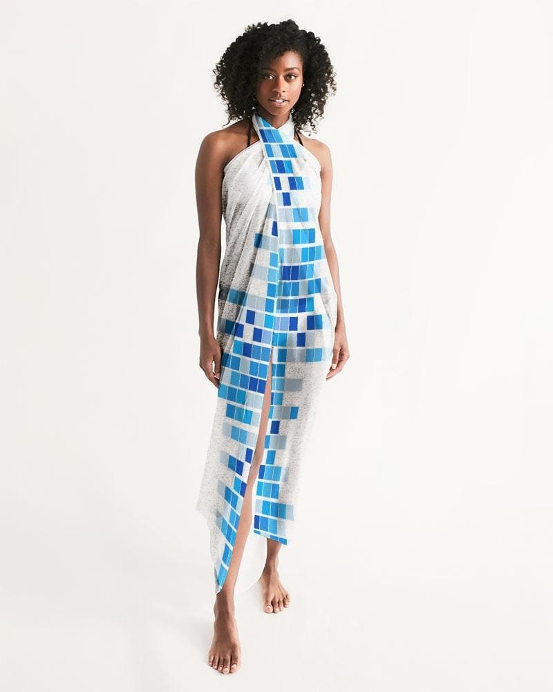 Sheer Mosaic Squares Blue and White Swimsuit Cover Up - Scarvesnthangs