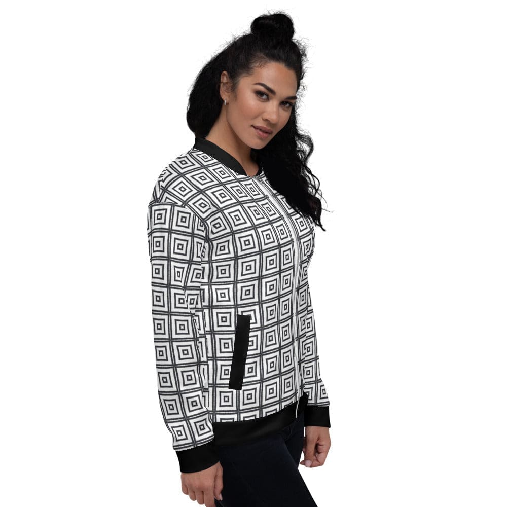 Womens Bomber Jacket / Black And White Argyle Squares-2