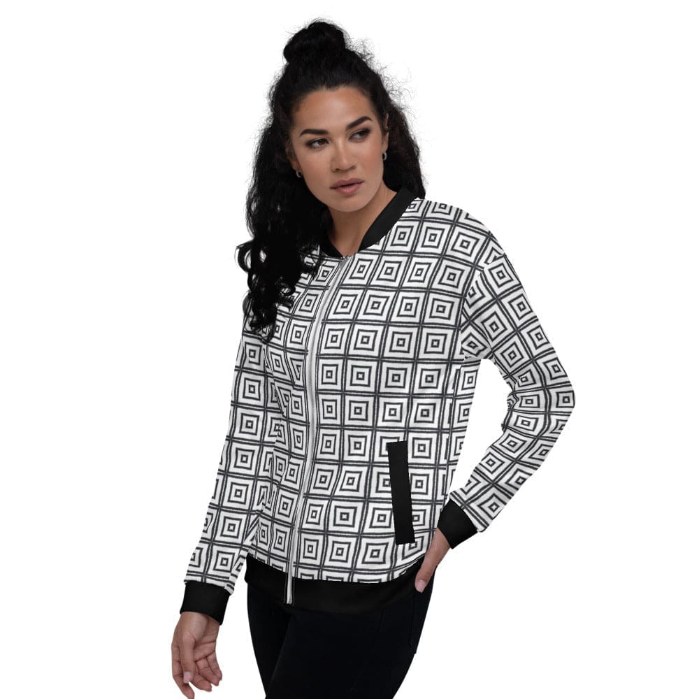 Womens Bomber Jacket / Black And White Argyle Squares-3