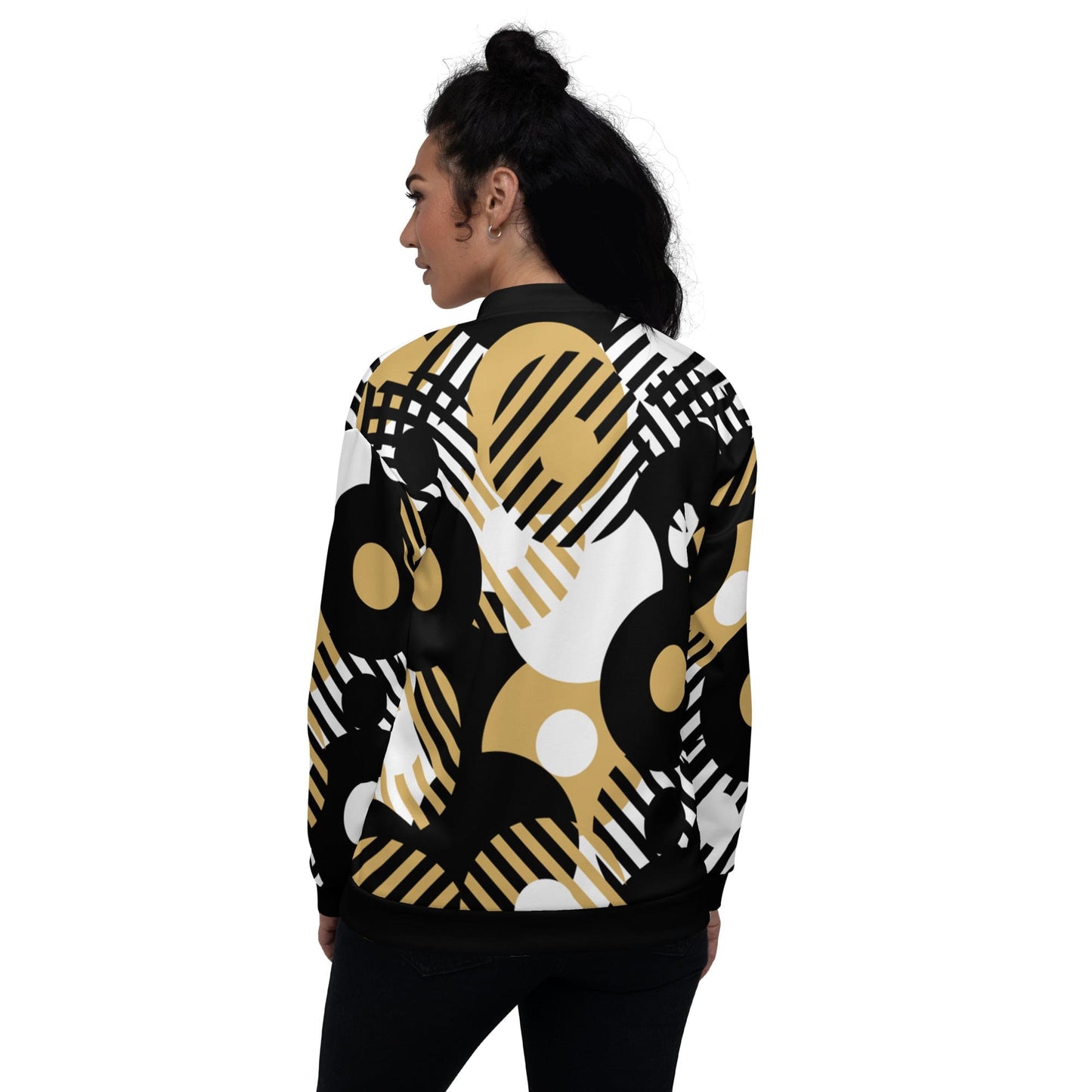 Womens Bomber Jacket, Black & Gold Geometric Style-1