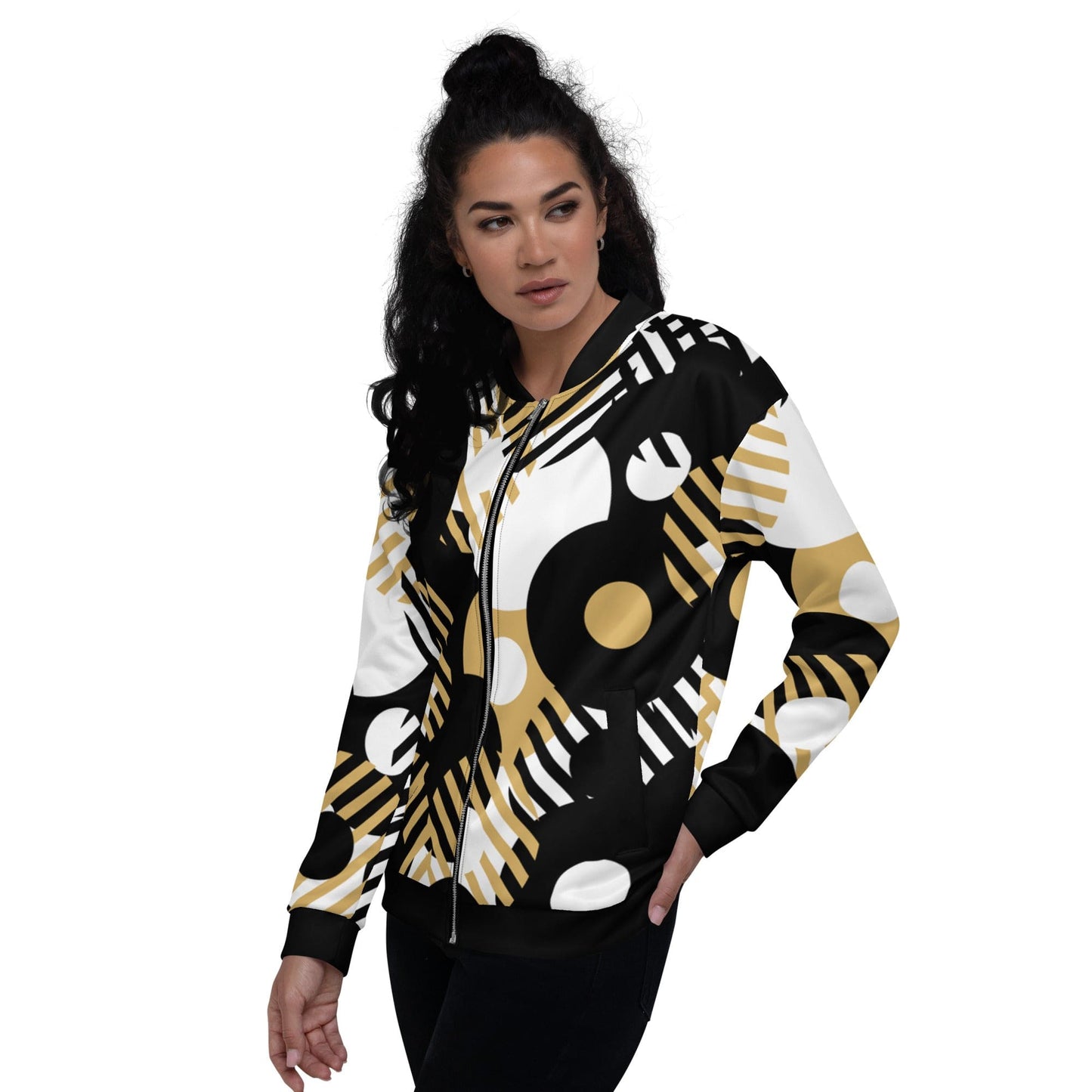 Womens Bomber Jacket, Black & Gold Geometric Style-3