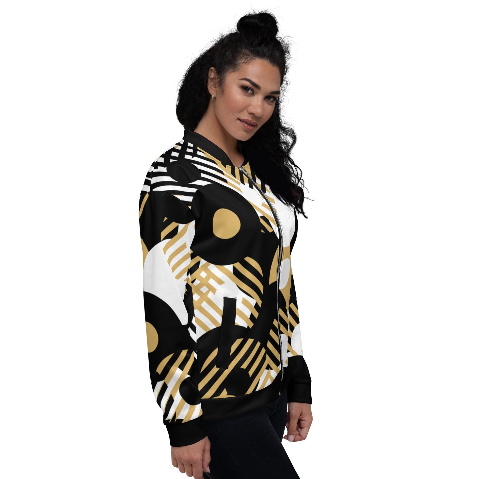 Womens Bomber Jacket, Black & Gold Geometric Style-2