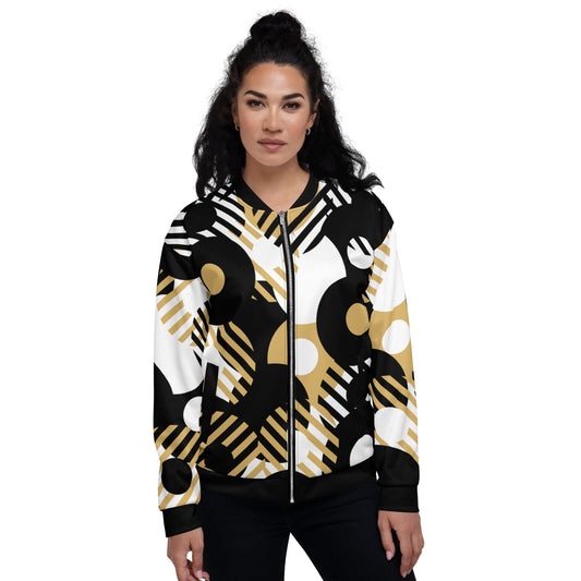 Womens Bomber Jacket, Black & Gold Geometric Style-0