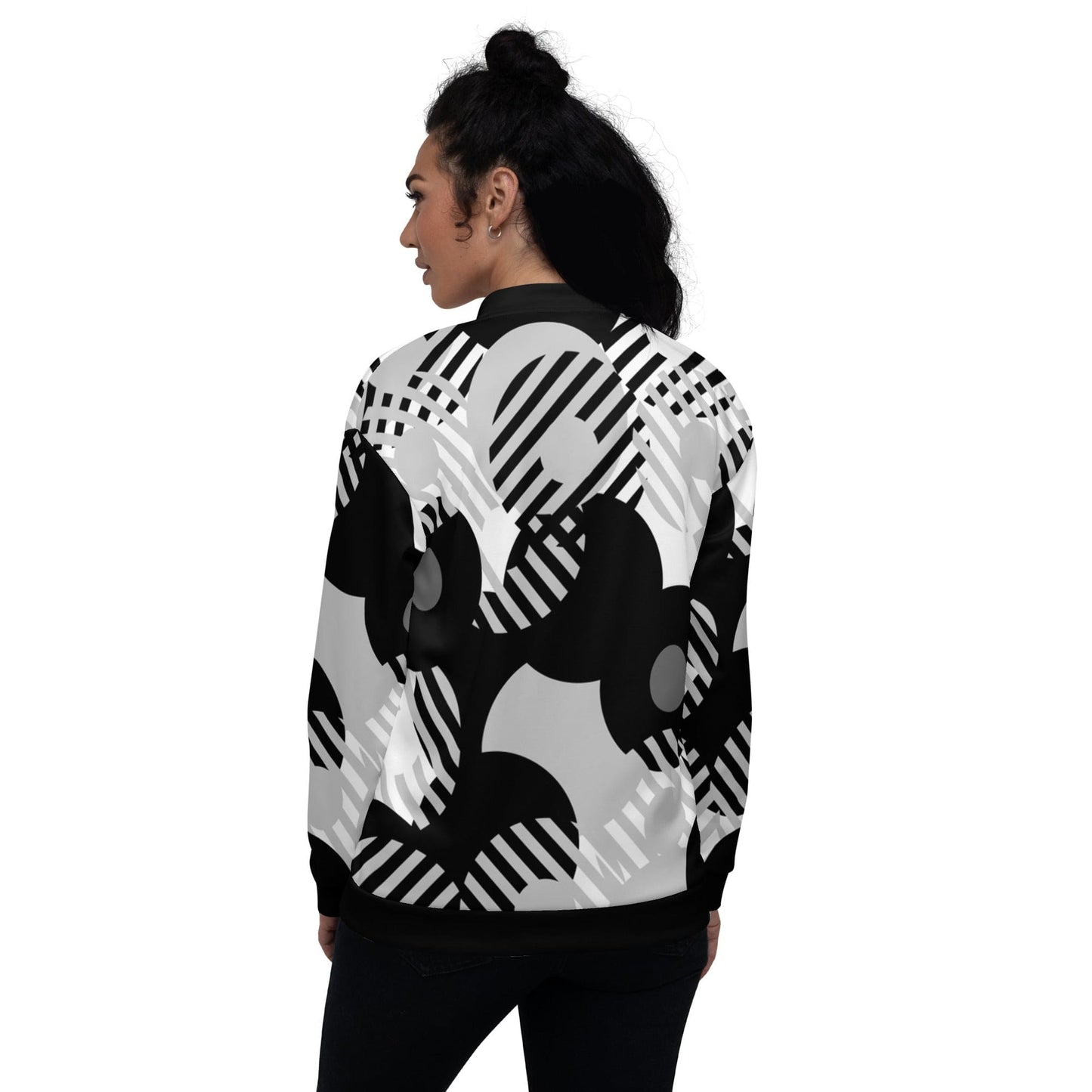 Womens Bomber Jacket, Black & Grey Geometric Style-1