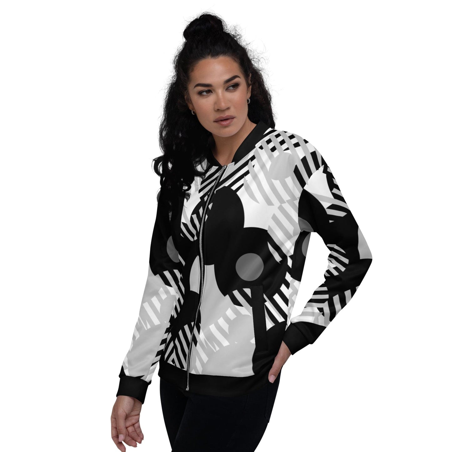 Womens Bomber Jacket, Black & Grey Geometric Style-3