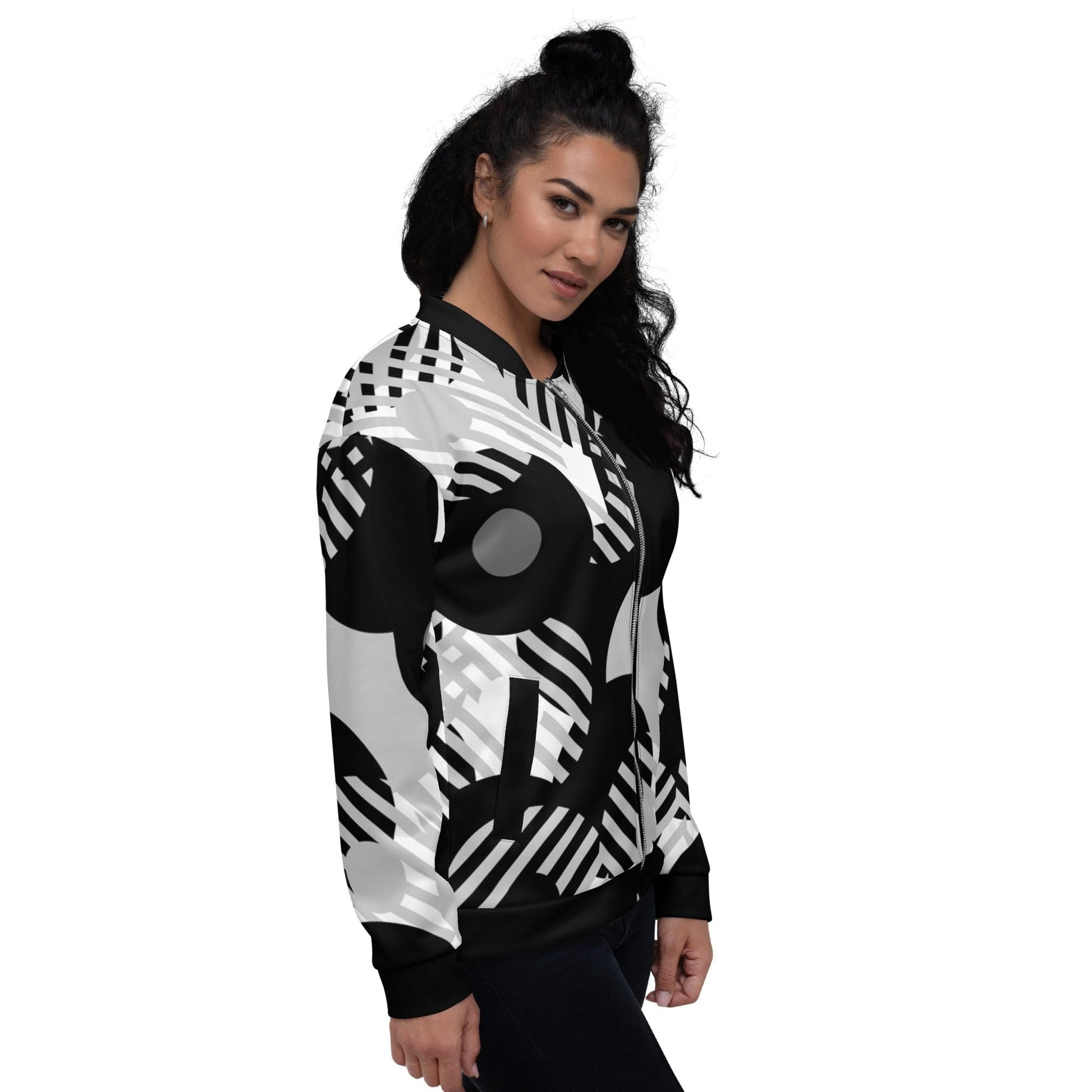 Womens Bomber Jacket, Black & Grey Geometric Style-2