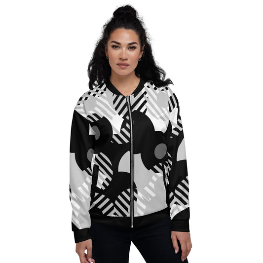 Womens Bomber Jacket, Black & Grey Geometric Style-0