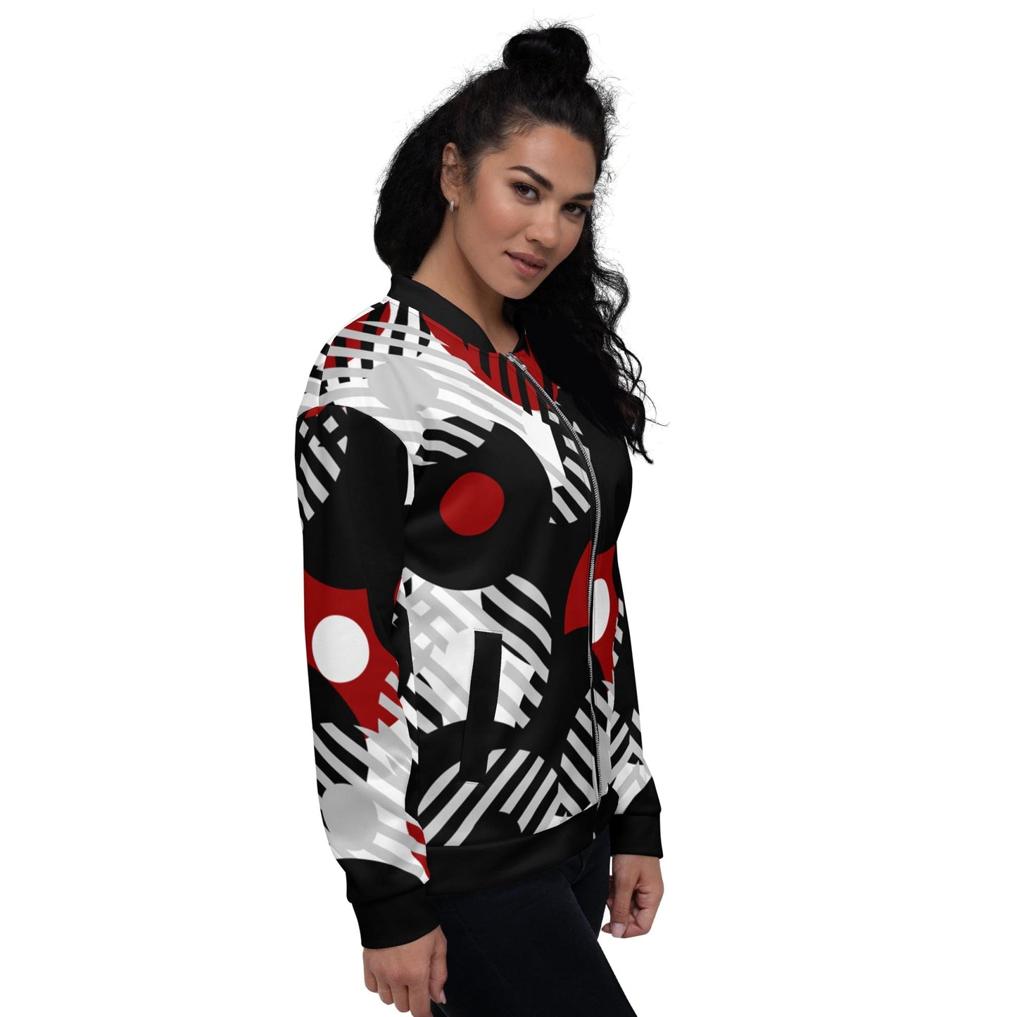 Womens Bomber Jacket, Black Red & Grey Geometric Style-2