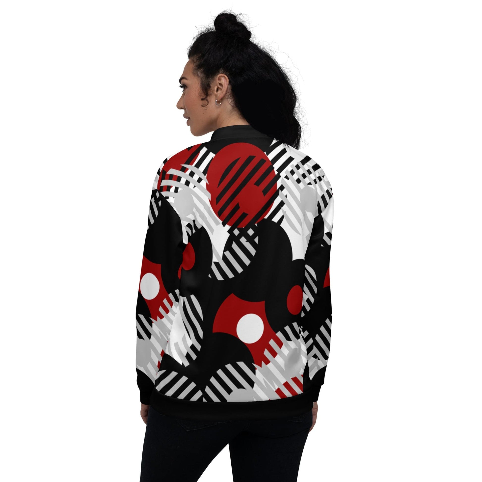 Womens Bomber Jacket, Black Red & Grey Geometric Style-1