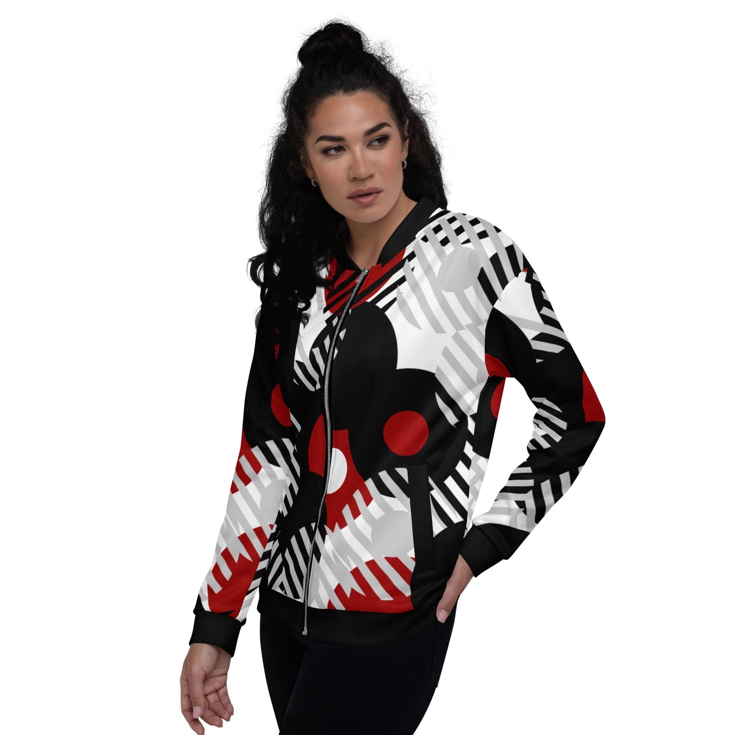 Womens Bomber Jacket, Black Red & Grey Geometric Style-3