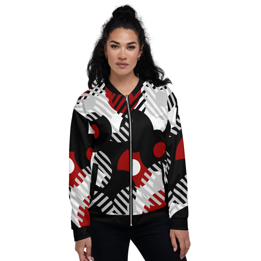 Womens Bomber Jacket, Black Red & Grey Geometric Style-0